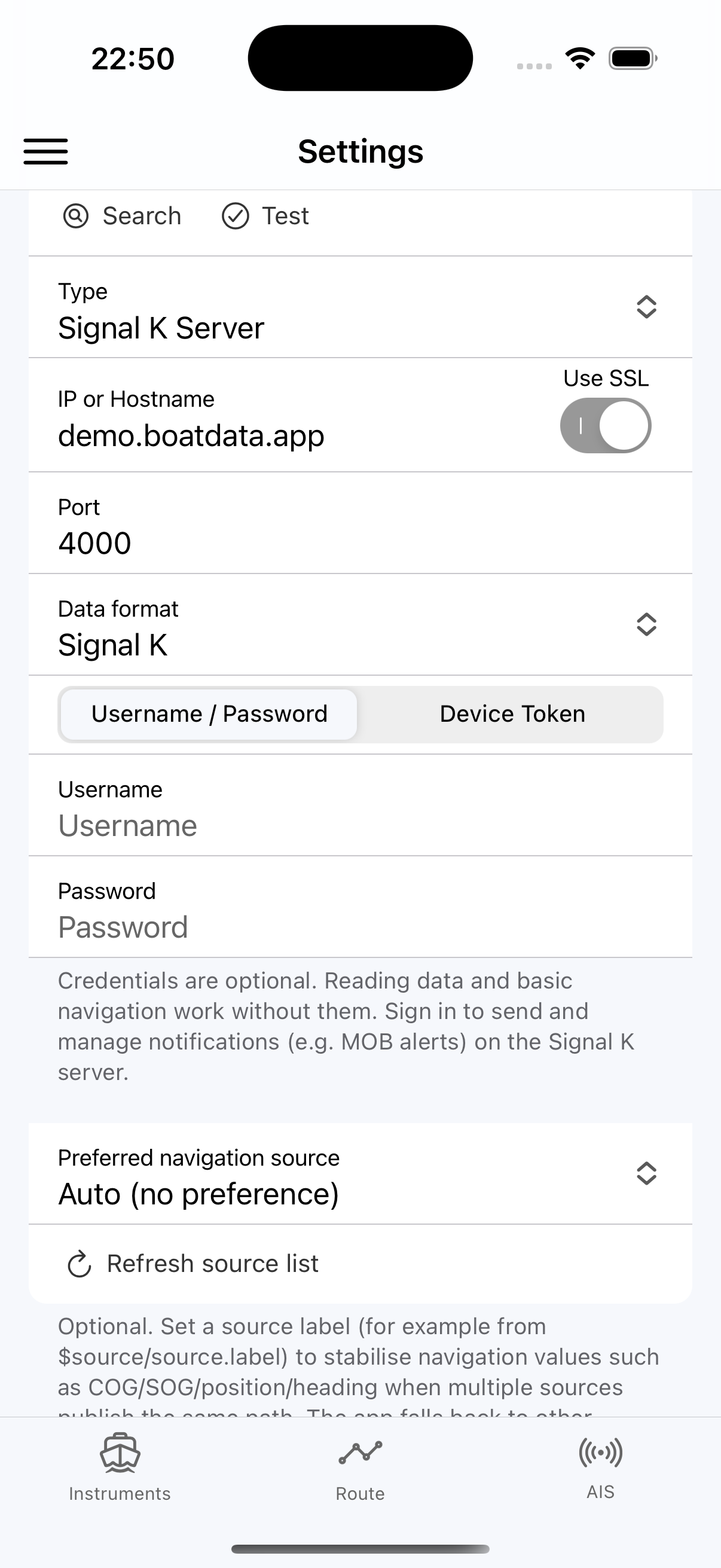 Boat Data settings and connection setup